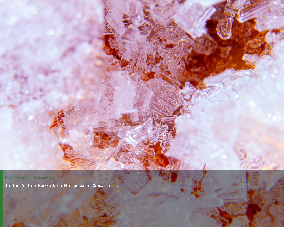 A high-resolution microscopic comparison showing the jagged, flaky structure of Kosher salt versus the dense, crystalline lattice of Himalayan Pink Salt